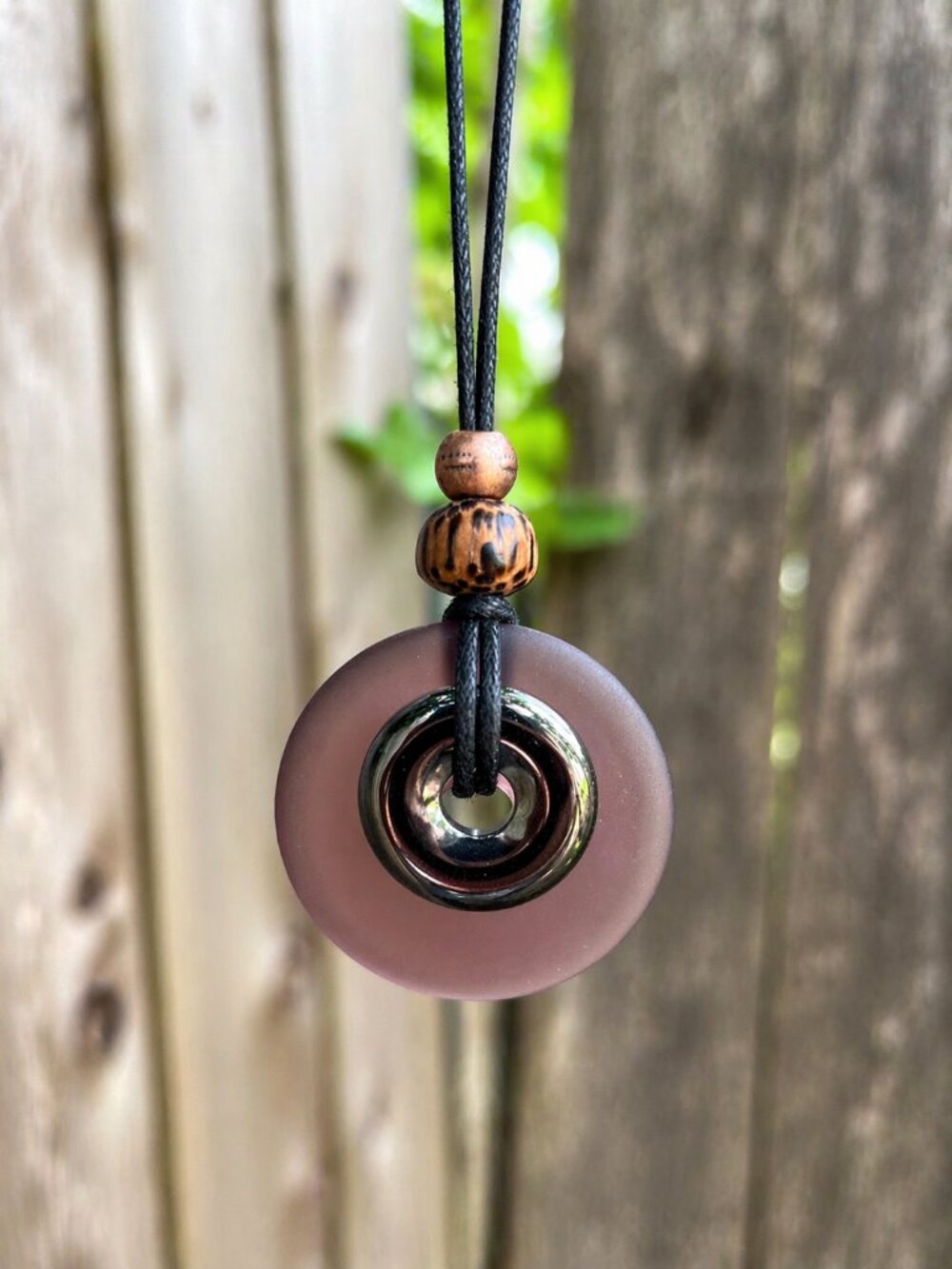 Hematite and Purple Sea Glass Pendant | Handmade - Picture 5 of 6